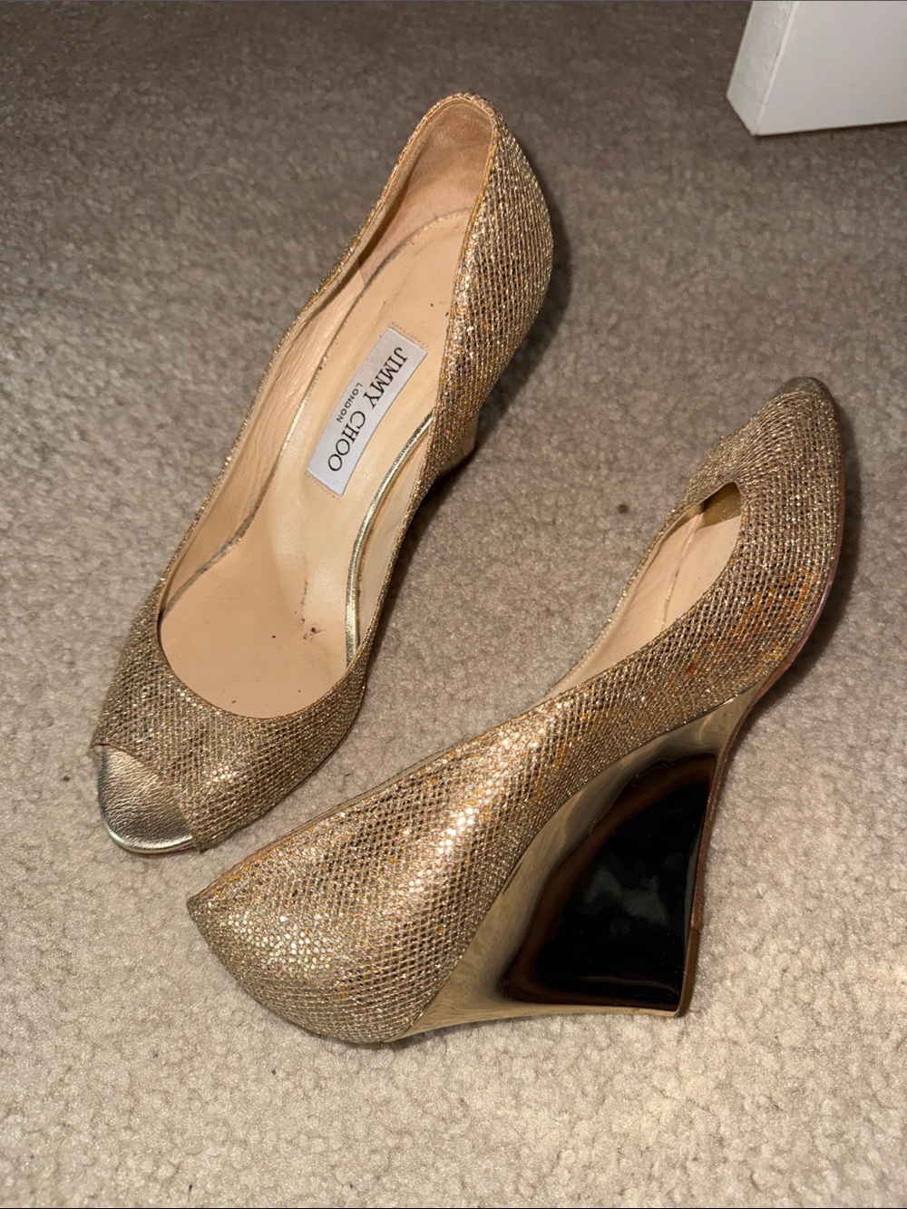 Jimmy Choo Gold Metallic Peep-Toe Wedge Heels